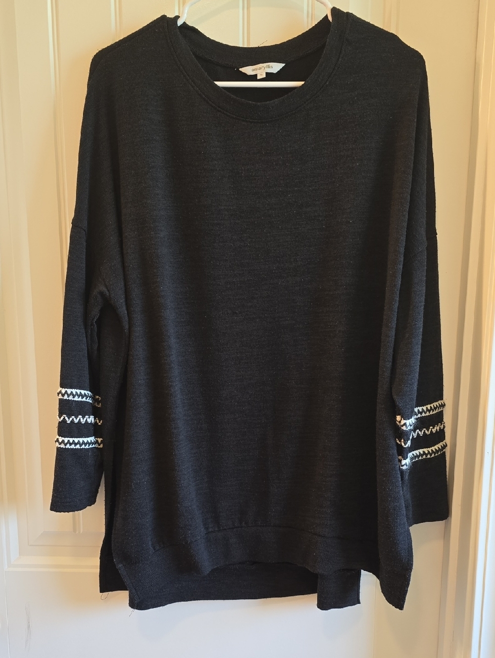 Amaryllis Black Crewneck Sweater with Embroidered Sleeve Bands